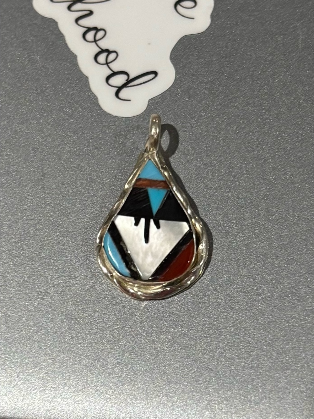 Zuni Sterling Silver Teardrop Inlay Pendant with Turquoise, Red & Black
